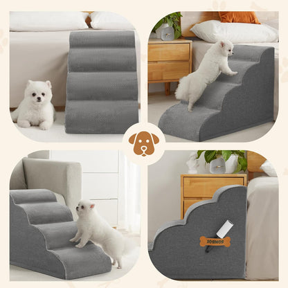 Dog Stairs, Romrol Dog Steps Ramp for High Bed and Couch, Dogs Ramp with Durable Non-Slip Waterproof Fabric Cover, Pet Stairs for Small Dogs and Cats or Pets Joints, 4-Tiers,Grey - Pawvie