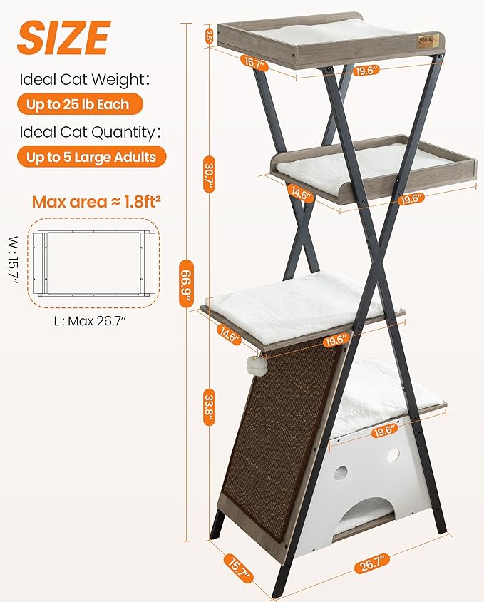 Modern Wood Cat Tree Tower for Indoor Cats Large Adult - 67 Inch Tall Multi-Level Heavy Duty Cat Condo Trees Furniture with Caves Perch Bed Scratching Board - XL Big Sturdy Wooden Kitty House
