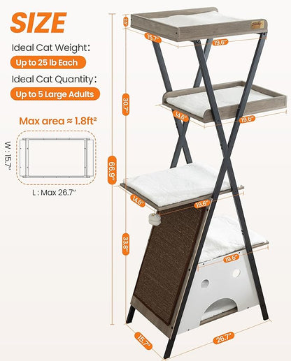 Modern Wood Cat Tree Tower for Indoor Cats Large Adult - 67 Inch Tall Multi-Level Heavy Duty Cat Condo Trees Furniture with Caves Perch Bed Scratching Board - XL Big Sturdy Wooden Kitty House