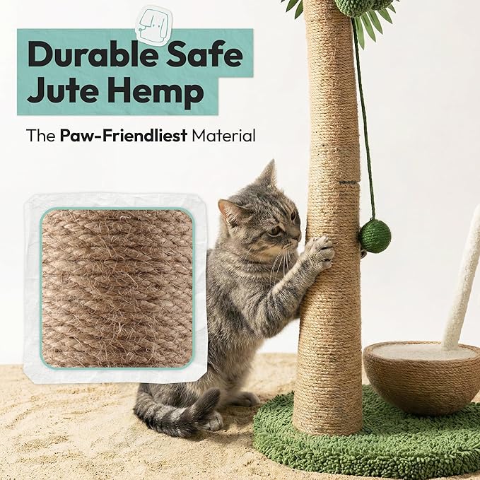 Cat Scratching Post 33 Inch Palm Tree with Hanging Balls and Coconut Straw Toy, Cat Scratcher for Indoor Kittens, Extra Stable Base, Paw-Friendly Jute Material M