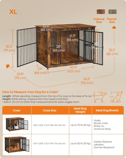 Feandrea Dog Crate Furniture, 43.3" Side End Table, Modern Kennel for Dogs Indoor up to 80 lb, Heavy-Duty Dog Cage with Enclosed Base, Double-Door Dog House, Rustic Brown UPFC024X01