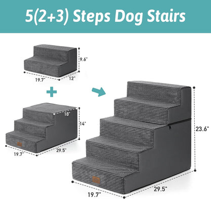 Dog Stairs for Small Dogs, 5 Tier Removable Wider Pet Stairs for Couch and Bed, 23.6" H Non-Slip Dog Steps for Puppies and Old Cats with Support Board, 29.5x19.7x23.6 inch, Dark Grey