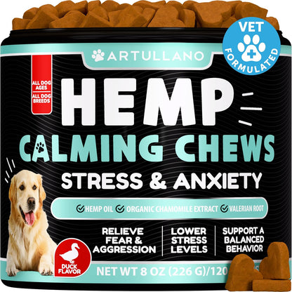 Hemp Calming Chews for Dogs - Dog Calming Chews - Dog Anxiety Relief Treats with Hemp Oil, Turmeric, Valerian, Ginger - Health and Wellness Supplements for Dogs - Hip and Joint Support - 120 Treats
