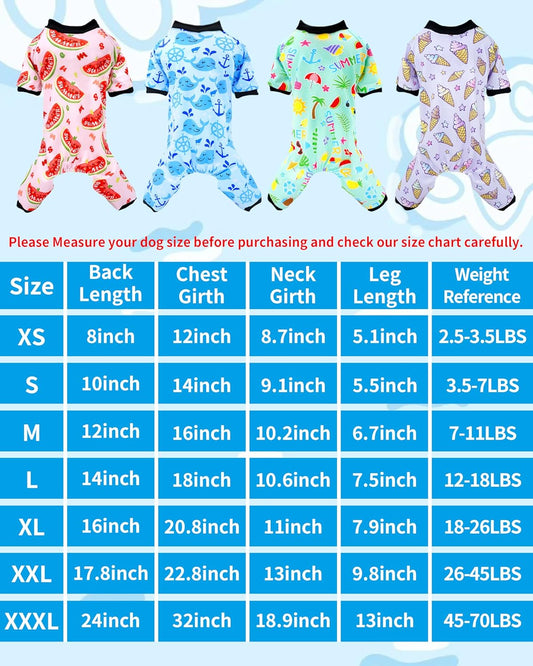PET SHOW 4 Pack Small Dog Pajamas Watermelon Doggies Soft Stretchy PJs Whale Ice Cream Jumpsuit Puppy Cats Girl Boy Floral Onesies Outfits with Sleeve Pets Breathable Summer Dog Clothes Costume M