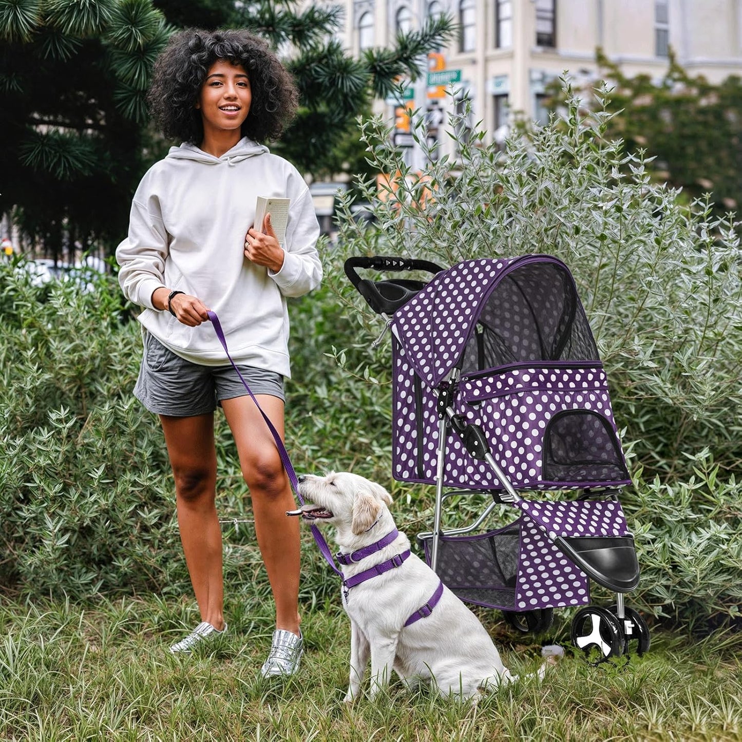 MoNiBloom 3 Wheels Pet Dog Cat Stroller for Small Medium Dogs Cats, Foldable Jogger Stroller w/Storage Basket and Cup Holder, Purple Polka Dots - Pawvie