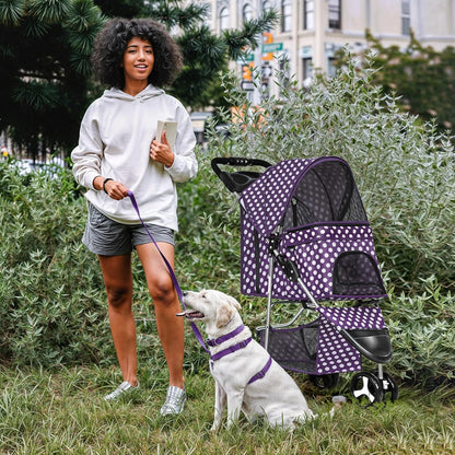 MoNiBloom 3 Wheels Pet Dog Cat Stroller for Small Medium Dogs Cats, Foldable Jogger Stroller w/Storage Basket and Cup Holder, Purple Polka Dots - Pawvie