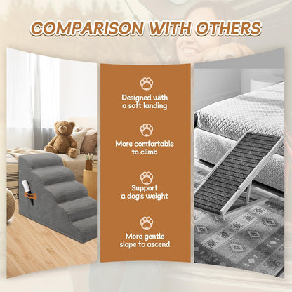 Romrol Dog Stairs Ramp for Small Dogs, Pet Stairs Steps with Durable Non-Slip Waterproof Fabric Cover, Dog Slope Stairs to Bed for Small Dogs and Cats or Pets Joints, 5-Steps, Grey - Pawvie