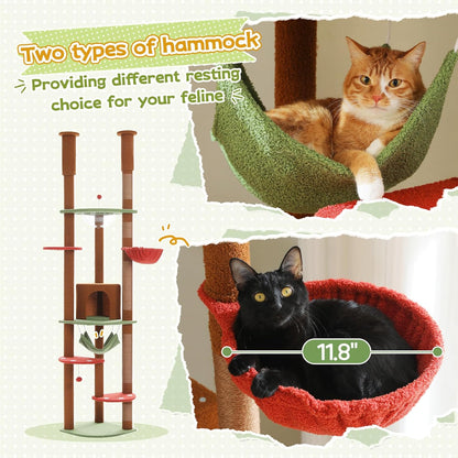 PEQULTI Floor to Ceiling Cat Tree 92.9’’-101.6’’ Height Adjustable Mushroom Cat Tower Tall Climbing Play House with Scratching Posts, Cozy Condo, Perches and Large Hammock for Indoor Cats Brown