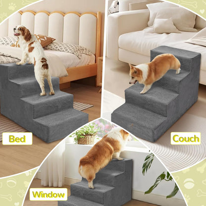 Niubya Dog Stairs for Small Dogs and Cats,18'H Non-Slip Bottom Pet Steps for High Beds and Couch,High-Density Foam Pet Stairs Grey,4 Steps