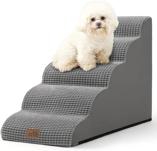 Dog Stairs for High Bed 22.6" H, Small Dog Step for Puppy, Older or Cat, Curved Ramp for Car, Ladder with High Density Foam, Lightweight, Durable, 15.7x33x22.6 inch, 5 Step, Light Grey - Pawvie
