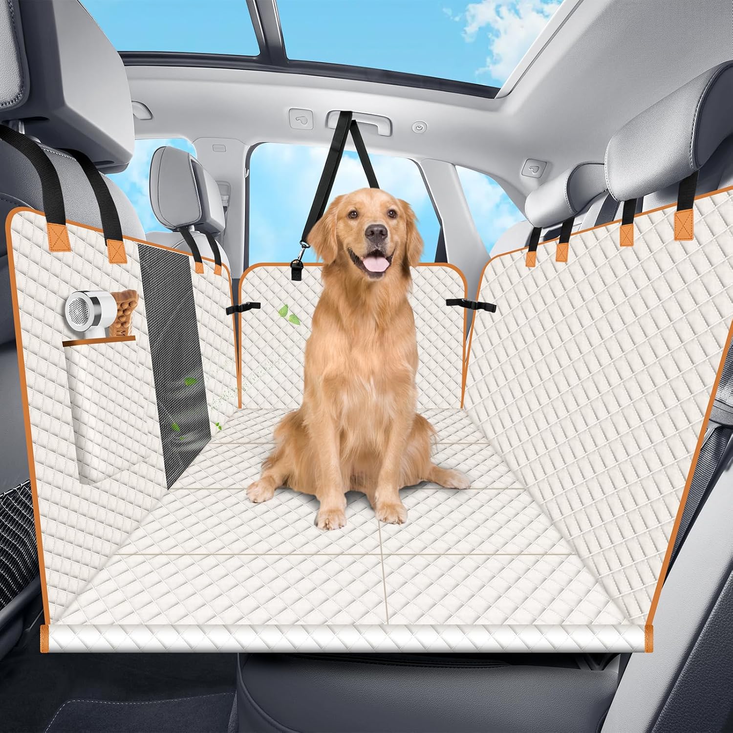 Dog Car Seat Cover for Back Seat, Dog Car Bed Cover with Strong Hard Bottom, Car Back Seat Extender Hammock for Car SUV Truck 4 Panels Beige Color - Pawvie