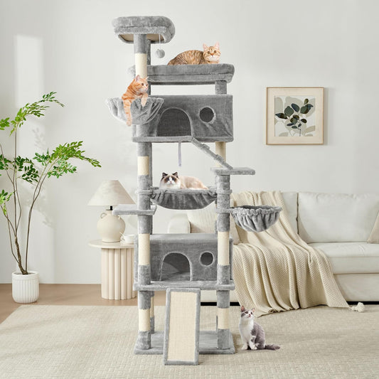 Cat Tree, 80-Inch Large Cat Tower with 9 Scratching Posts, 2 Perches, 2 Caves, 2 Basket, 2 Stairs, Extra Large Hammock, Pompoms, Multi-Level Plush Cat Condo for Indoor Cats/Light Grey