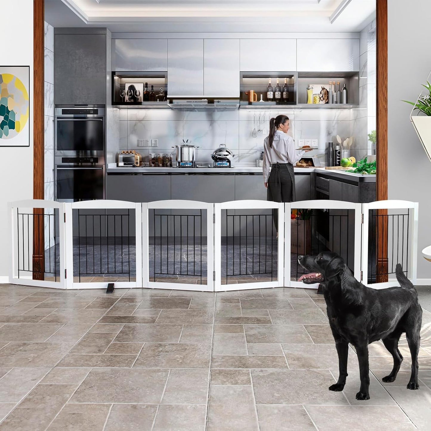 ZJSF Freestanding Dog Fence Indoor, Foldable Dog Gate for Doorways, Stairs or Hallways, Sturdy Wood Extra Wide Pet Gate with Support Feet for The House, White, 24 "Height-6 Panels
