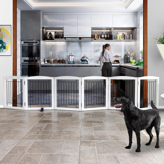 ZJSF Freestanding Dog Fence Indoor, Foldable Dog Gate for Doorways, Stairs or Hallways, Sturdy Wood Extra Wide Pet Gate with Support Feet for The House, White, 24 "Height-6 Panels