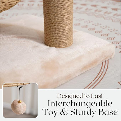 PetPals 3 Level Handwoven Paper Rope Cat Basket Bed and Perch with Scratching Post, Washable, Removeable Curshions, Playful Toy, for Indoor Cat, Light Brown