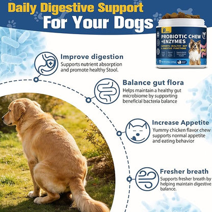 Probiotics for Dogs with Enzymes & Fiber Blend Supports Gut Health, Yeast Balance, Allergies, Itchy Skin, Boost Immune - Natural Probiotic Supplement for Digestive, Diarrhea, Gas, Constipation,120Ct