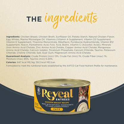Reveal Entrées Natural Wet Cat Food Paté, Grain-Free with Added Vitamins & Minerals, Carrageenan-Free Chicken Breast Paté Recipe (24 x 2.47 oz Cans)