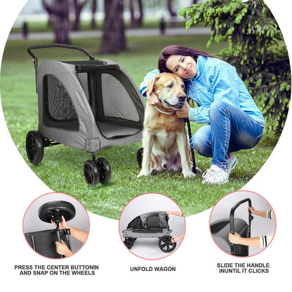 Large Dog Travel Stroller with 4 Heavy Duty Wheels Pet Stroller with Adjustable Handle - Double Doggie Capacity Jogger Wagon with Back Front Door for Small Medium Large Dogs (Dark Light Gray) - Pawvie