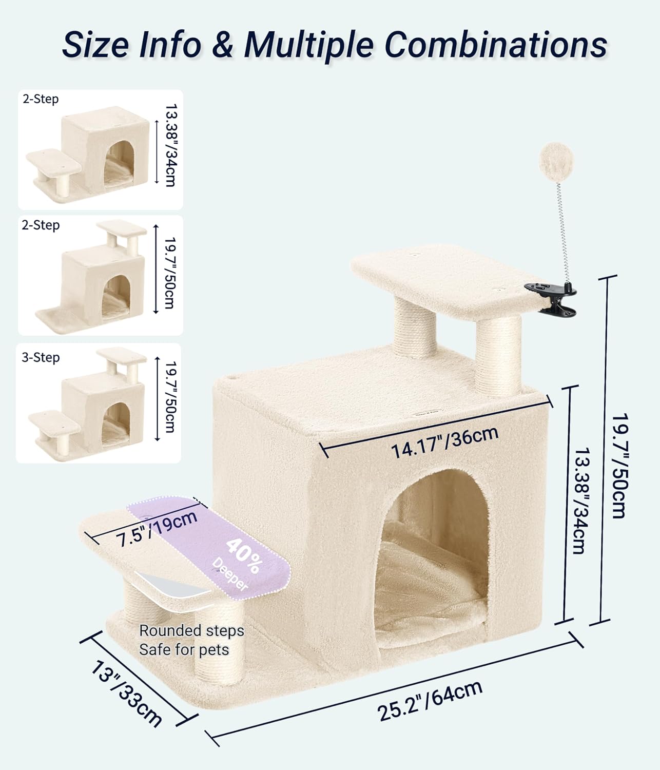 Happi N Pets Dog Stairs with Cat Scratching Post & Large Condo, Stable Pet Steps for High Beds Couch, 3 Combinations Cat Ramp Tree Tower for Cats or Small Dogs, Removable Cushion & Bonus Toy, Beige