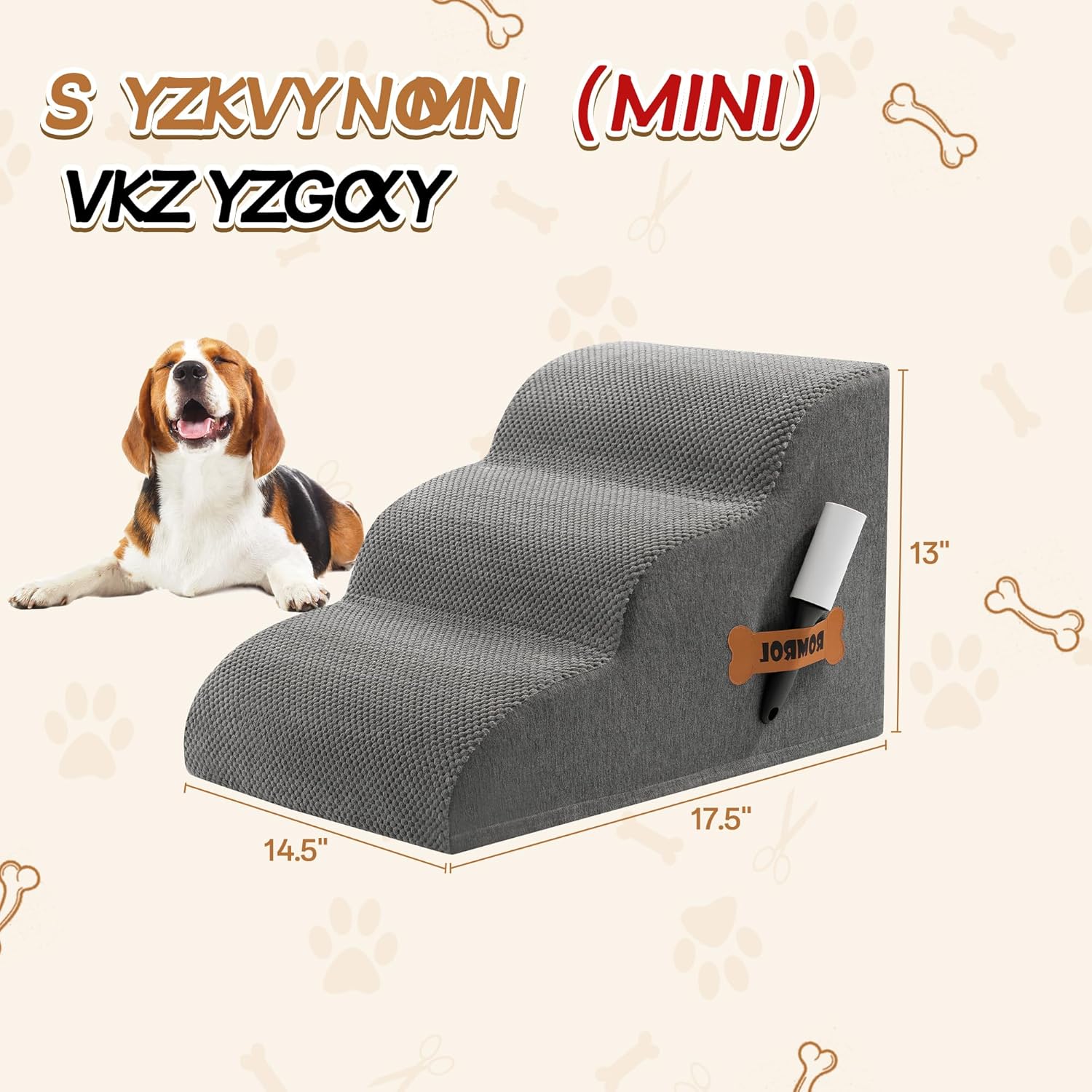 Romrol Dog Stairs Ramp for Beds Couches, Extra Wide Pet Steps with Durable Non-Slip Waterproof Fabric Cover, Dog Slope Stairs for Small Dogs and Cats or Pets Friendly, 3-Tiers, 13 Inch,Grey - Pawvie