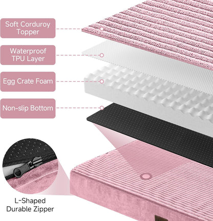 OhGeni Orthopedic Waterproof & Machine Washable Dog Bed for Medium Large Pets, Suitable for Crates, 25D Egg Crate Foam, Non-Slip Bottom & Removable Cover, Invisible Zipper, 35 Inches(Pink)