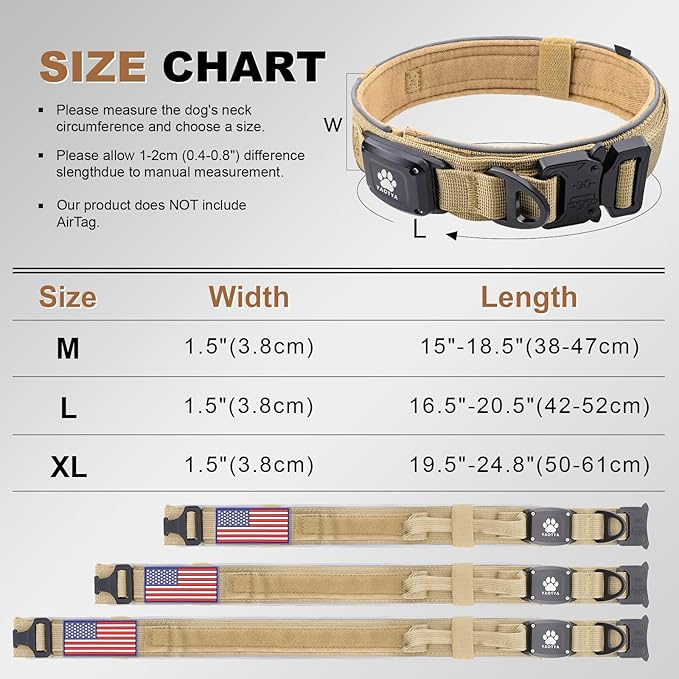2026 Upgrade Dog Collar with IPX8 Waterproof AirTag Holder,Military Tactical Comfortable Control Handle and Ultra-Durable Metal Buckle/Night Reflective,GPS Collar for Medium to Large Dog（Khaki/L）