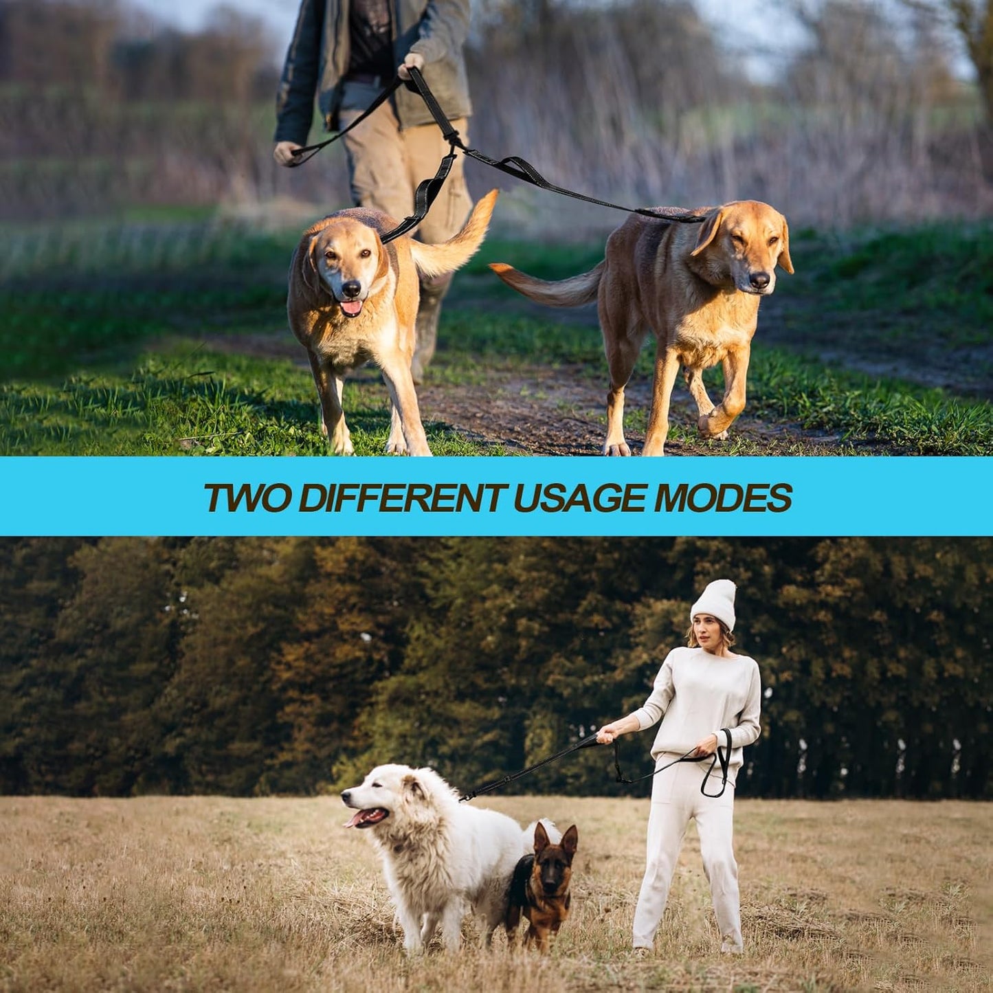 PetBonus Double Dog Leash, No Tangle Dual Leash, Reflective Walking Training Lead, 4 Comfortable Padded Handles for 2 Dogs with Collapsible Bowl and Waste Bags (Black, Large)