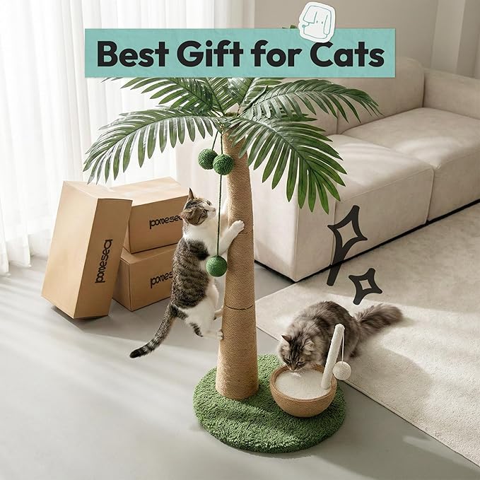 Cat Scratching Post 33 Inch Palm Tree with Hanging Balls and Coconut Straw Toy, Cat Scratcher for Indoor Kittens, Extra Stable Base, Paw-Friendly Jute Material M