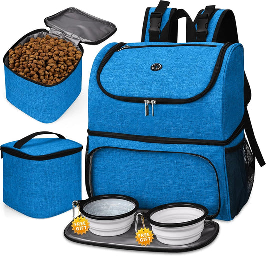 BAGLHER Pet Travel Bag, Double-Layer Pet Supplies Backpack (for All Pet Travel Supplies), Pet Travel Backpack with 2 Silicone Collapsible Bowls and 2 Food Baskets Blue - Pawvie