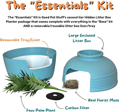Good Pet Stuff Hidden Litter Box Planter, Decorative Cat Litter Enclosure with Carbon Filter, Artificial Plant, Easy Clean, Indoor Design, Original Round Style, Essentials Kit, Caribbean Blue