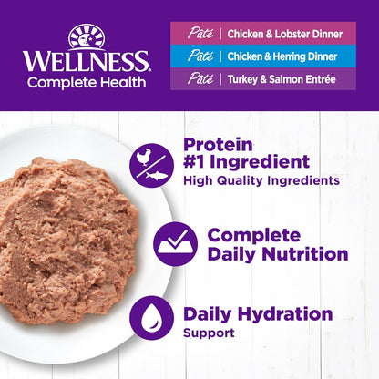Wellness Complete Health Pate Adult Wet Cat Food, Natural, Protein-Rich, Grain-Free, 3 Ounce, 12 Pack, (Seafood Variety Pack)