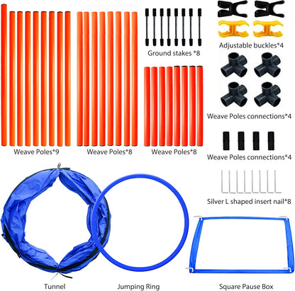 Dog Agility Training Equipment, Obstacle Agility Training Starter Kit for Doggie, Including Tunnel, 27 Weave Poles, Adjustable Hurdle, Jump Ring, Pause Box and Carrying Bag(Blue,L)