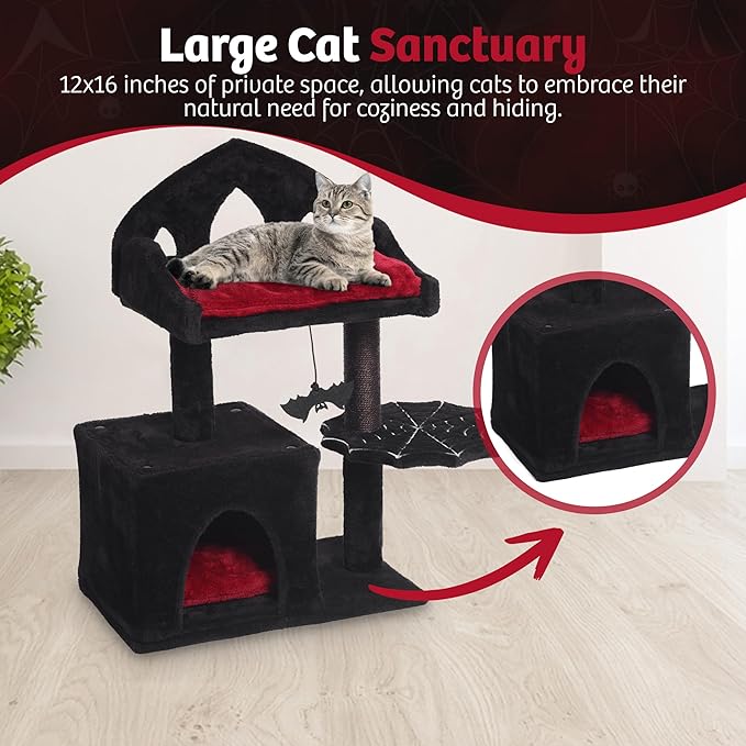 Gothic Cat Tree - 28in Black Cat Condo with Regal Throne Bed, Spooky Hanging Bat and Durable Sisal Scratching Post - Goth Cat Tree for Majestic Rest