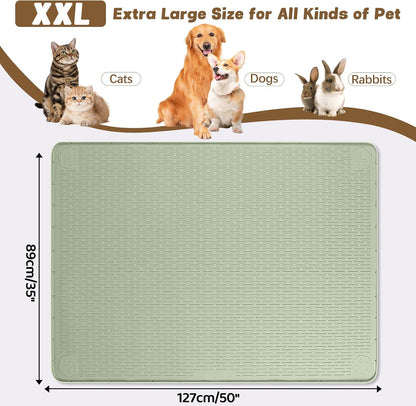 Cat Food Mat, 50" x 35" Extra Large Silicone Pet Feeding Mat with Raised Edge Pet Placemat for Food and Water Bowl Non-Slip, Easy to Clean, Floor Protection (Green)