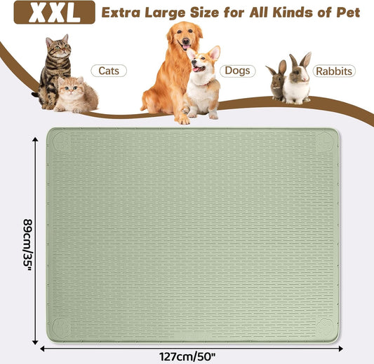 Cat Food Mat, 50" x 35" Extra Large Silicone Pet Feeding Mat with Raised Edge Pet Placemat for Food and Water Bowl Non-Slip, Easy to Clean, Floor Protection (Green)