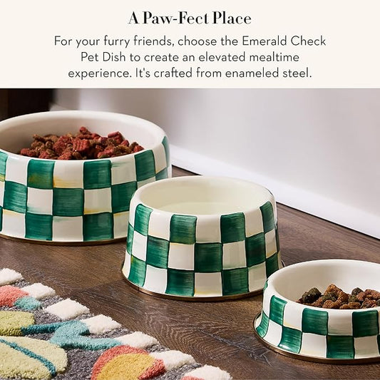 MACKENZIE-CHILDS Enamel Pet Bowl, Cute Cat and Dog Bowl for Food and Water, Medium, Green-and-White Emerald Check