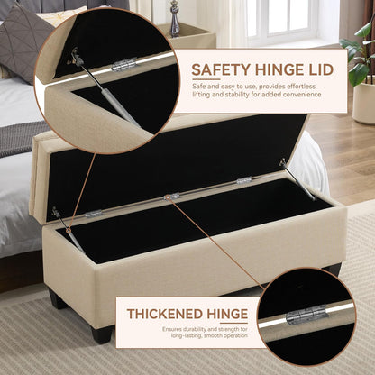 51" Fabric Storage Ottoman Bench, Upholstered Rectangle End of Bed Storage Ottoman Tufted Living Room Bedroom Bench with Safety Hinge, Solid Wood Legs, Loads 500 lb(Khaki)