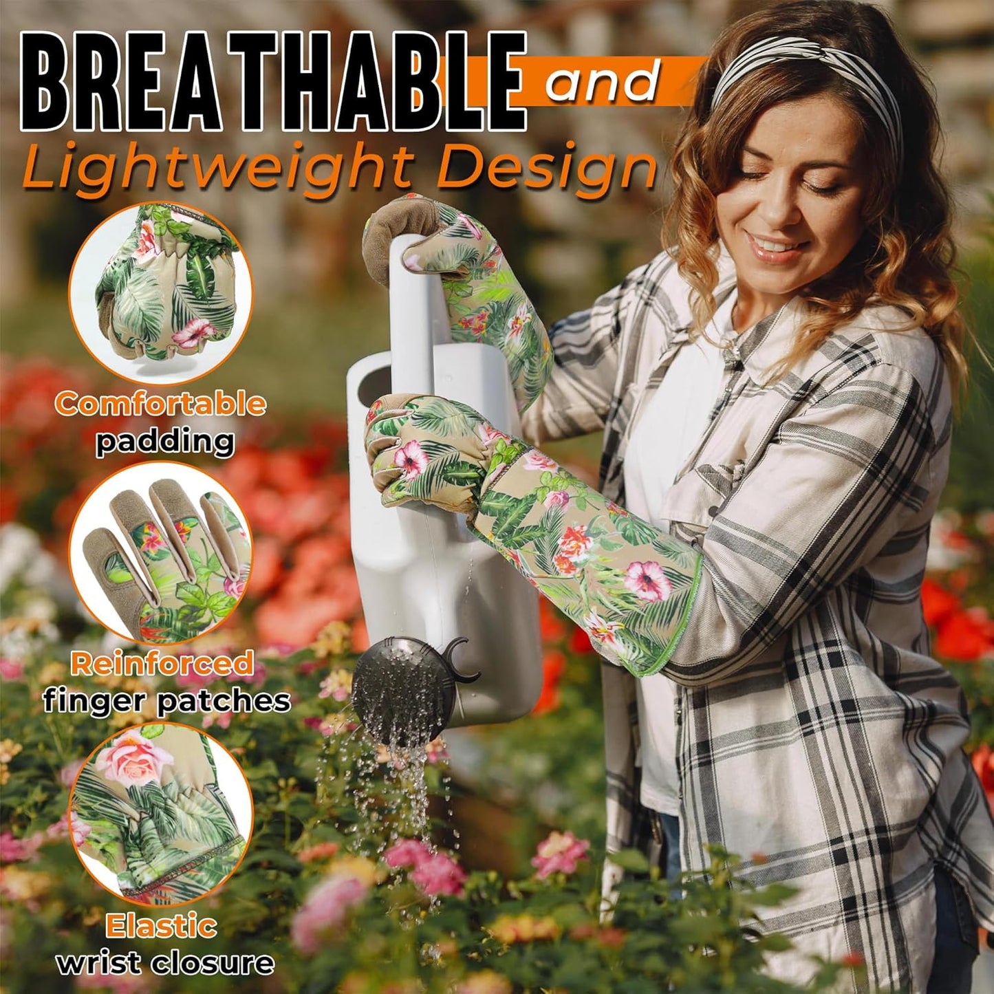 HANDLANDY Leather Gardening Gloves for Women, Thorn Proof Breathable Ladies Rose Pruning Garden Gauntlet Yard Gloves, Gift for Gardeners (Khaki, M)