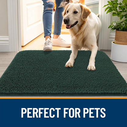 OLANLY Dog Door Mat for Muddy Paws 70x24, Absorbs Moisture and Dirt, Absorbent Non-Slip Washable Doormat, Quick Dry Chenille Mud Mat, Entry Indoor Entryway Carpet for Inside Floor, Blackish Green