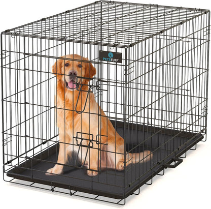 PetsTuff Great CRATES 48” XX-Large Dog Crate - Heavy-Duty Dog Kennel with Divider Panel for Pets 90-110lbs - Durable Leaf-Proof Tray - Foldable, Carry Handle & Wheels for Easy Moving