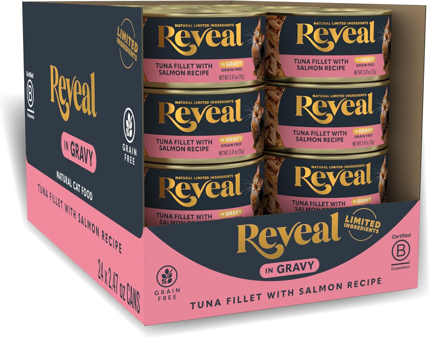 Reveal - Grain Free | Wet Canned Cat Food | 2.47oz - 24 Pack - Premium Nutrition, 100% Natural, No Additives, and Limited Ingredients (Tuna with Salmon in Gravy)