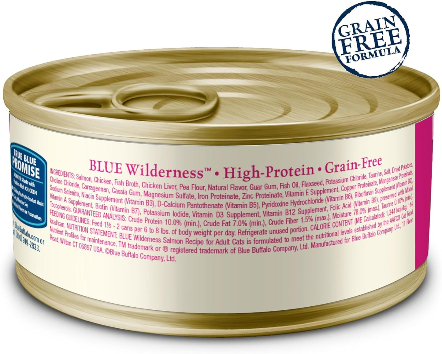 Blue Buffalo Wilderness Natural High-Protein Grain-Free Wet Food for Adult Cats, Salmon Paté, 5.5-oz. Cans, 24 Count