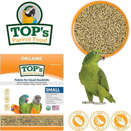 TOP's Parrot Food Bird Pellets for Small Hookbills - Non-GMO, Peanut Soy & Corn Free, USDA Organic Certified - 25 lb Bag