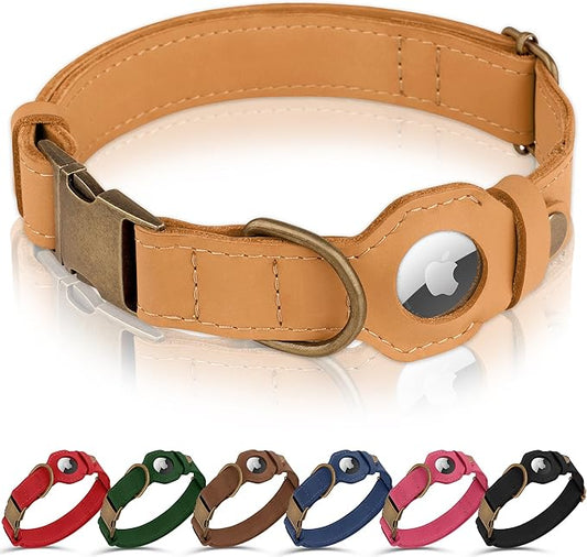 AirTag Dog Collar - Genuine Leather Dog Collar with Apple AirTag Holder and Metal Buckle - Smart GPS Tracking Pet Collars (Light Brown, XS, 9"-12" Neck Fit)
