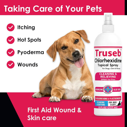 Truseb Topical Ketoconazole and Chlorhexidine Spray for Dogs, Cats, and Horses with Essential Fatty Acids, Aloe and Vitamin E- 16 oz (Ketoconazole & Chlorhexidine Spray, 16 oz)
