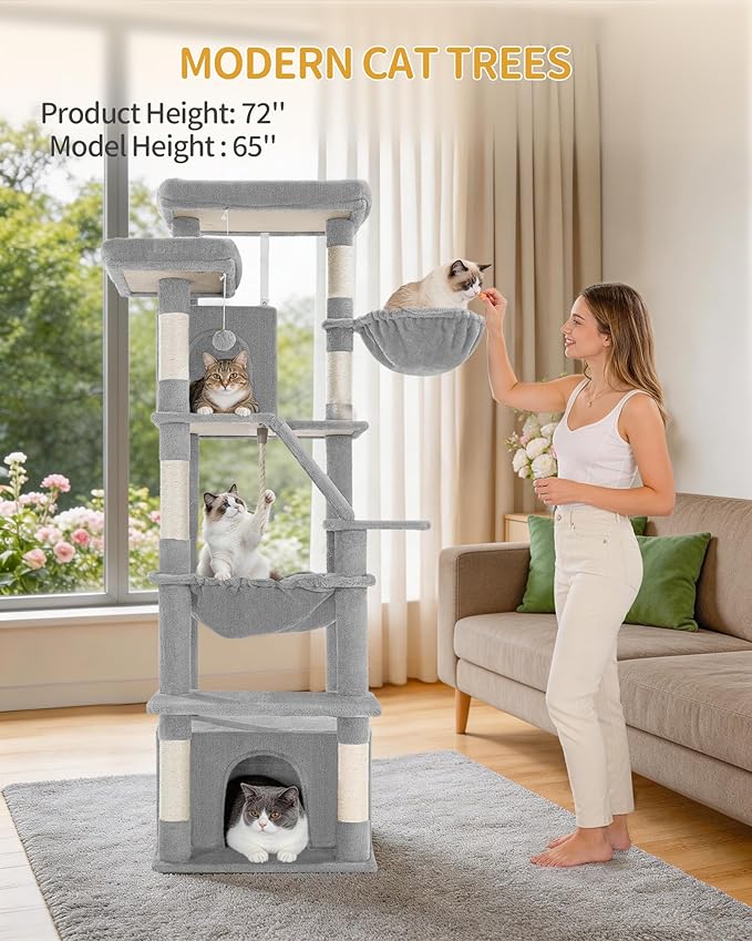 Large Cat Tree, 72 Inch Tall Indoor Cat Tower for 6 Large Cats, Corner Climbing Activity Pet Condo with 2 Large Platforms/2 Cats House/6 Scratching Post/1 Hanging Basket, Light Gray MS18318LG