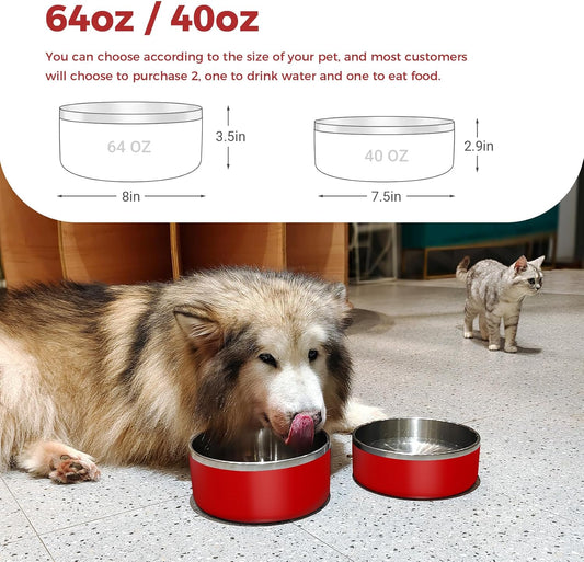 Dog Bowl, Stainless Steel Dog Food and Water Bowl with Non Slip Quiet Bottom, Easy to Clean, Dishwasher Safe, 40oz, Red