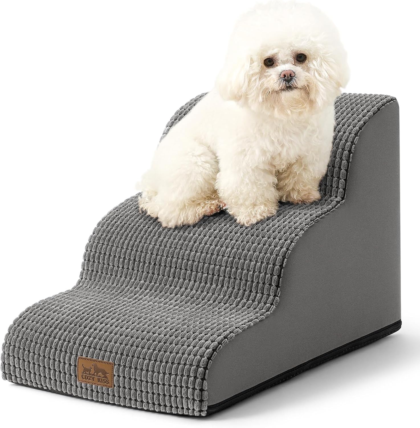 Dog Stairs for Small Dogs 15.7" H, Curved Dog Step for Puppy, Older Cat, Medium Pet Ramp for Sofa, Couch or Chair, Ladder with High Density Foam, 15.7x22.4x15.7 inch, 3 Step, Light Grey - Pawvie