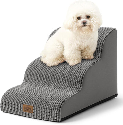 Dog Stairs for Small Dogs 15.7" H, Curved Dog Step for Puppy, Older Cat, Medium Pet Ramp for Sofa, Couch or Chair, Ladder with High Density Foam, 15.7x22.4x15.7 inch, 3 Step, Light Grey - Pawvie