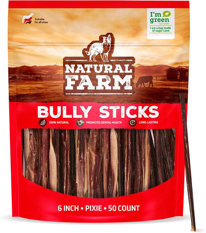 Natural Farm Bully Sticks (6 Inch, 50 Pack), Thin Pixie Pizzle Beef Treats, Grain-Free, High Protein, Best Rawhide Alternative for Small, Puppies or Senior Dogs